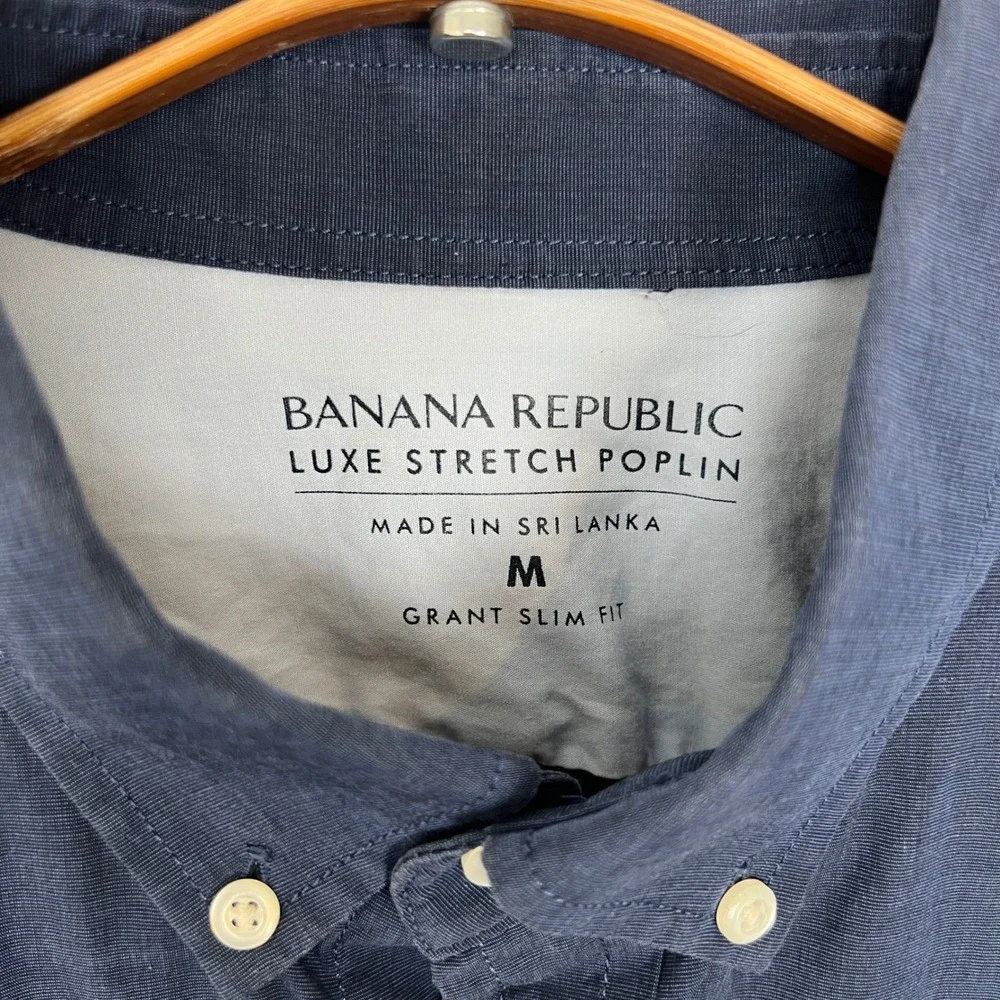 Banana Republic Luxe Stretch Poplin Grant Slim Fit Button Down Shirt Navy Mens M